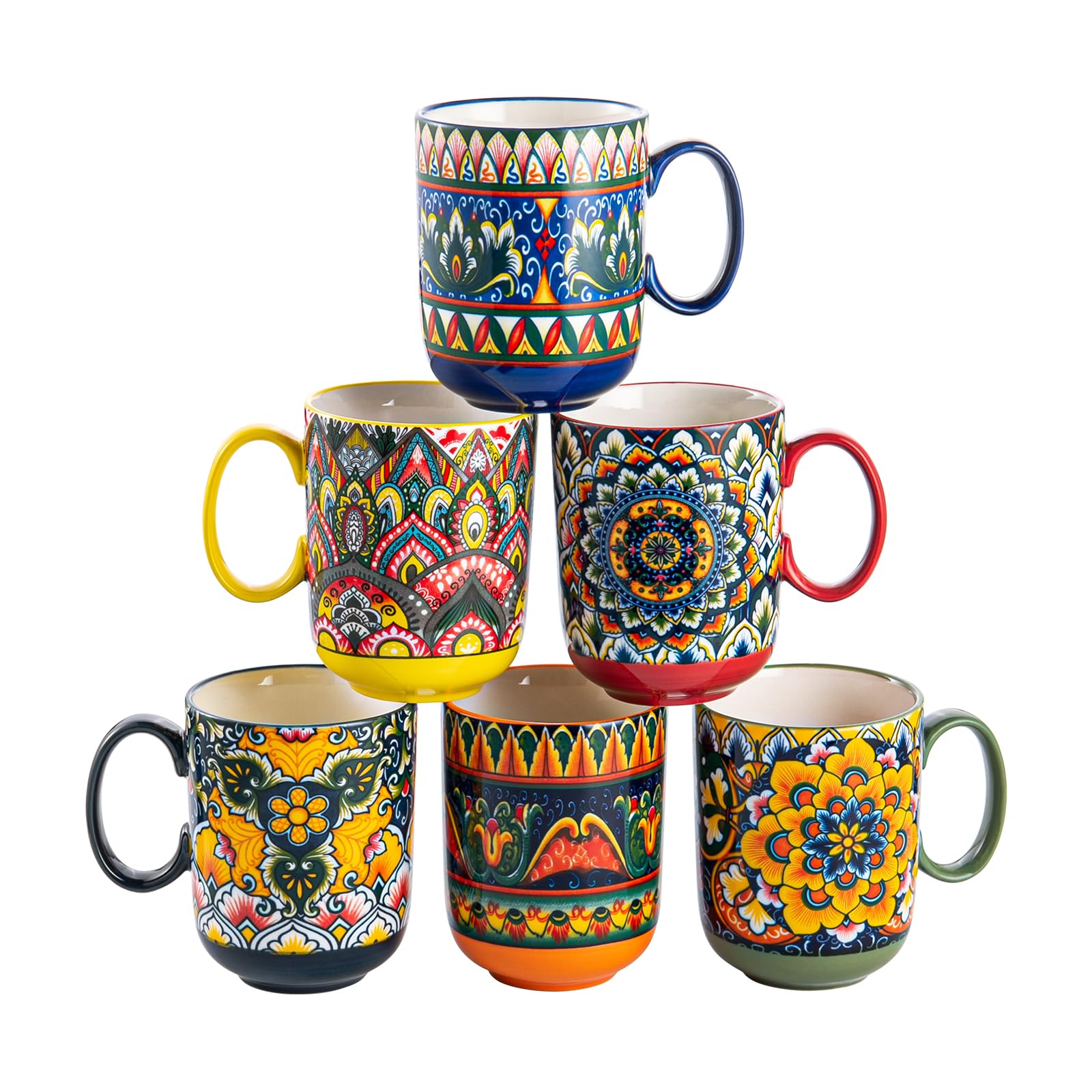 Henten Home Porcelain Coffee Mug Set of 6, 14 oz Colorful Latte
